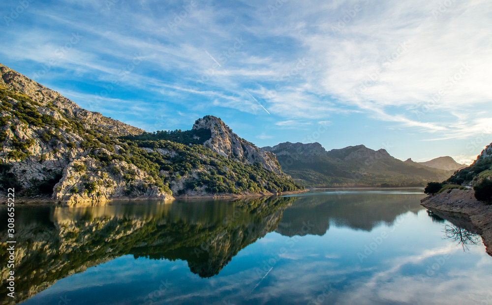 Mountain landscape with river in reflection Palma de Mallorca