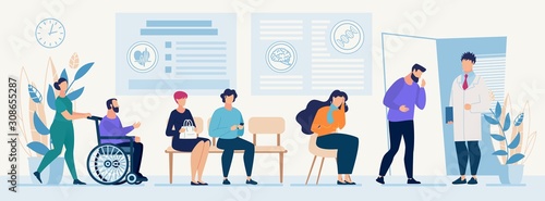 Sick People Characters Queue with Flu Symptoms, Coughing at Doctors Office in Hospital. Nurse Strolling Patient Sitting in Wheelchair. Ambulatory Hallway Interior. Vector Trendy Flat Illustration