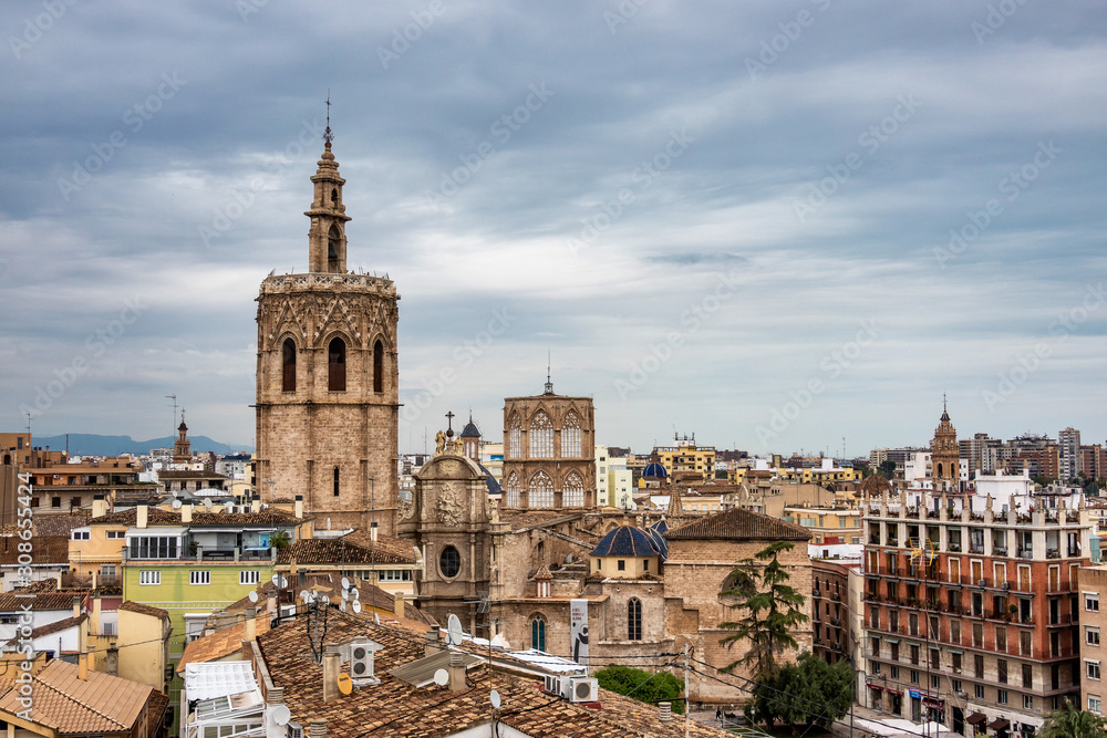 View on squares, buildings, streets of Valencia in Spain.