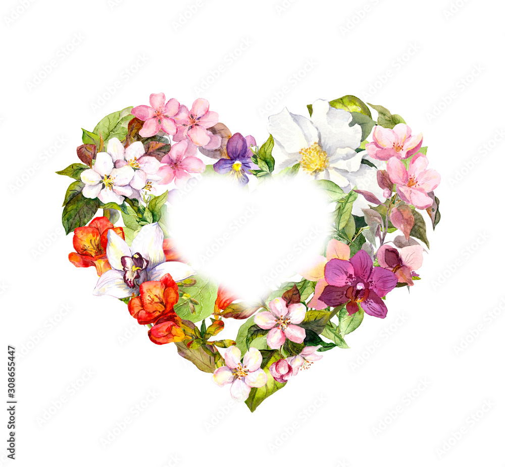 Floral heart with flowers, herbs and leaves. Wedding watercolor wreath