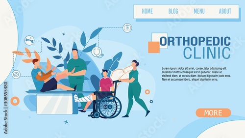 Flat Landing Page Advertising Orthopedic Clinic Service. Cartoon Orthopedist Examining Injured Sportsman Leg. Caregiver Nurse Strolling Disabled Man in Wheelchair. Vector Doctor Office Illustration