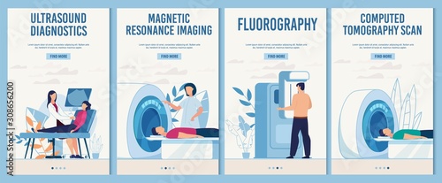 Medical Research. Clinical Services Order. Mobile Landing Page Set in Trendy Flat Design. Ultrasound Diagnosis, Magnetic Resonance Imaging, Fluorography, Computed Tomography Scan. Vector Illustration