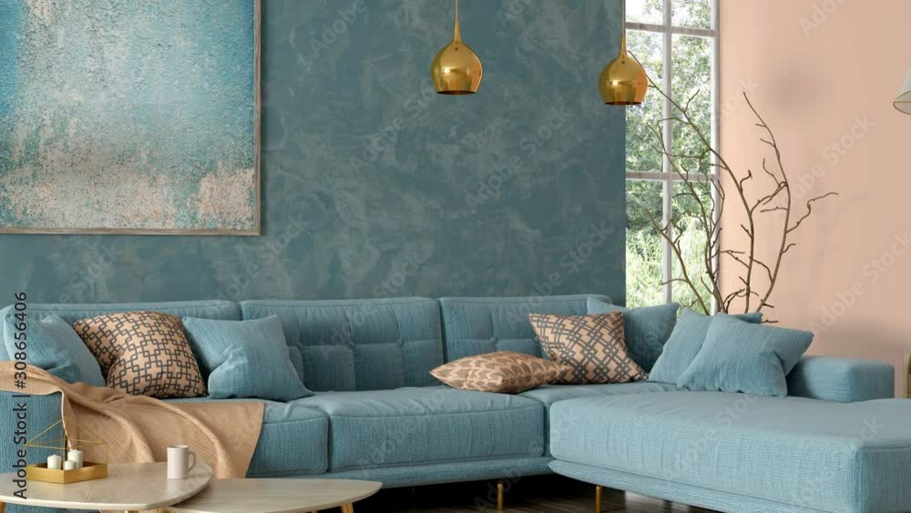 Modern interior of living room with blue corner sofa, coffee tables ...