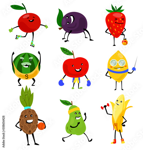 Sport fruits characters. Funny fruit foods on sport exercises, fitness vitaminic human healthy nutrition vector illustration