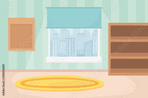 playroom shelves carpet window cityscape view