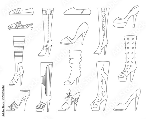 Set with different types of trend womens shoes ballets, sneakers, boots, flats, pumps, converse. Flat vector illustration