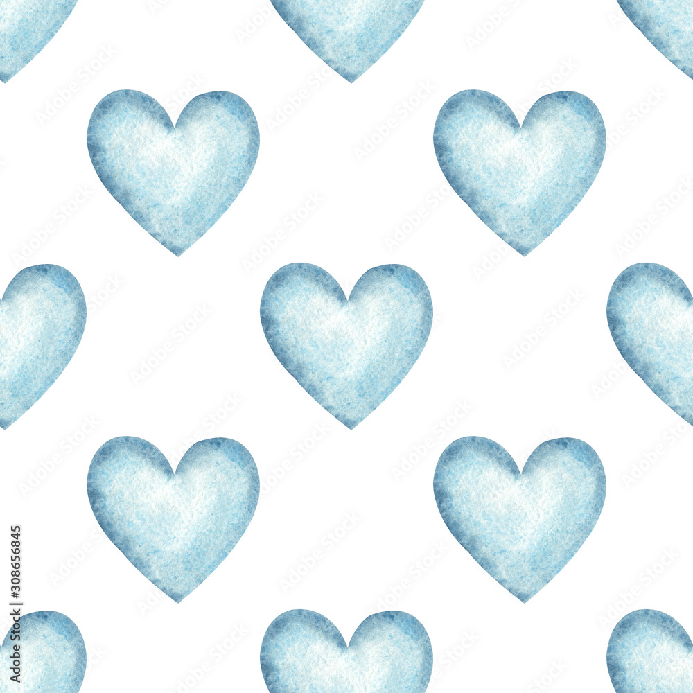 Watercolor Hand Drawn Cute Light Blue Hearts on White Background Seamless Pattern