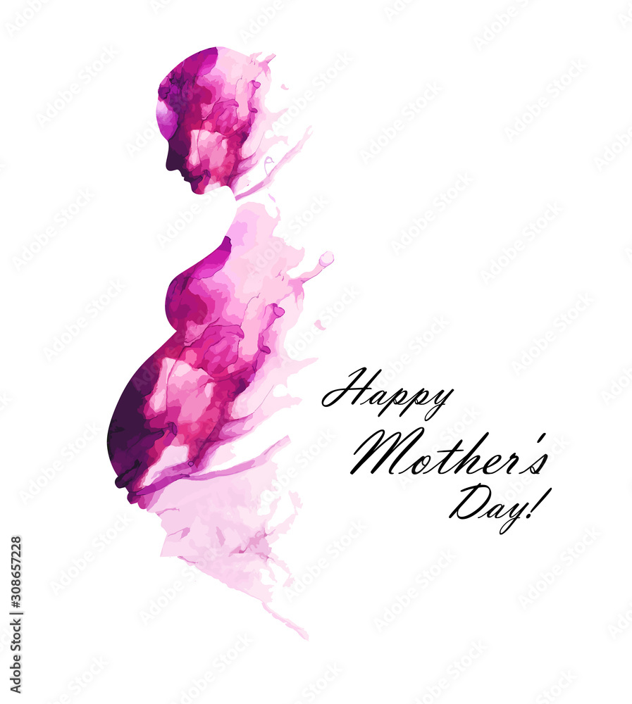 The silhouette of a pregnant woman. Mixed media. Happy Mother's Day. Vector illustration - obrazy, fototapety, plakaty 