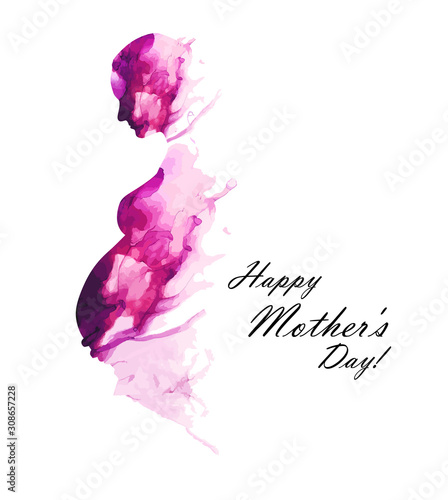 The silhouette of a pregnant woman. Mixed media. Happy Mother's Day. Vector illustration