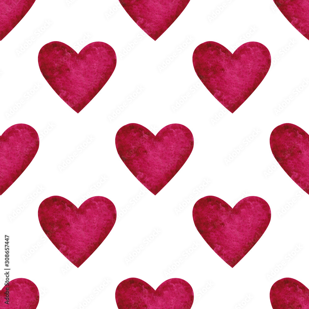 Watercolor Hand Drawn Cute Deep Pink Magenta Hearts on White Background Seamless Pattern