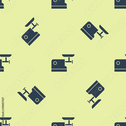 Blue Kitchen meat grinder icon isolated seamless pattern on yellow background. Vector Illustration