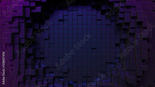 Abstract background with black iridescent moving cubic surface. Geometric concept with radial ripples. Motion design pattern. 3d loop animation with box particles. Seamless technology composition. 4K 