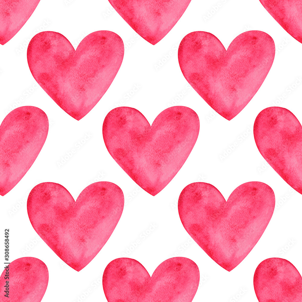 Watercolor Hand Drawn Cute Bright Pink Hearts on White Background Seamless Pattern
