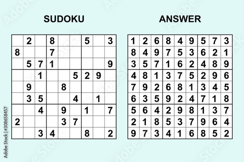 Vector sudoku with answer 312. Puzzle game with numbers.