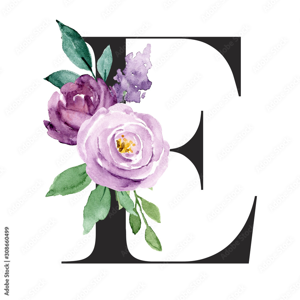 Letter E Floral Alphabet With Watercolor Flowers And Leaf Monogram letter-e-floral-alphabet-with-watercolor-flowers-and-leaf-monogram