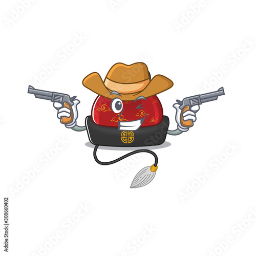 Traditional chinese hat cartoon character as a Cowboy holding guns