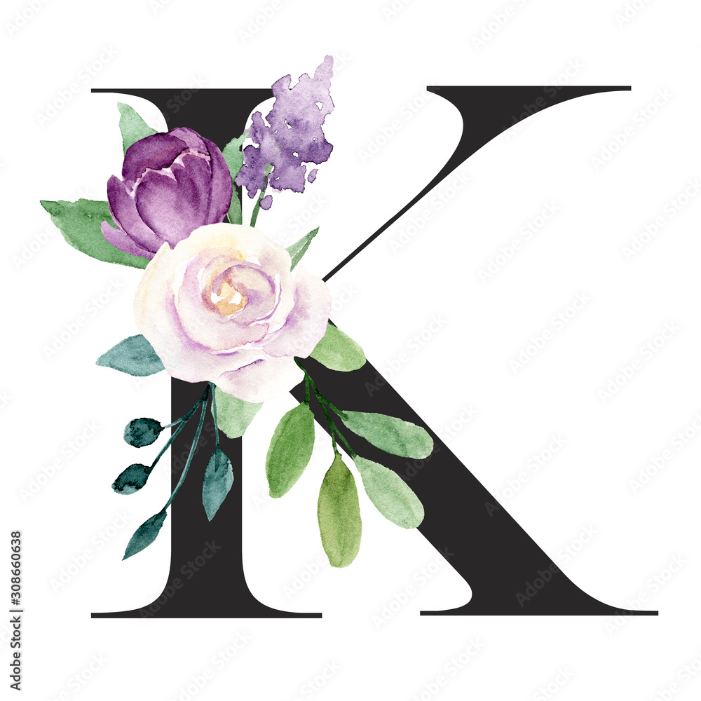 Letter k, floral alphabet, with watercolor flowers and leaf. Monogram ...