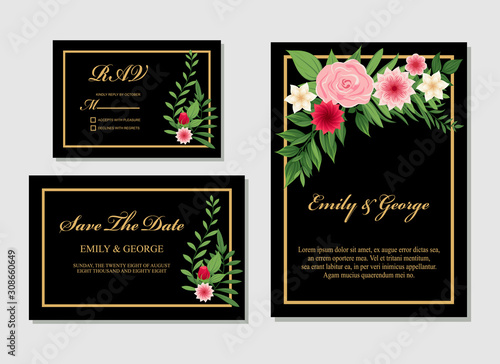 Elegant Wedding invitation  invite  rsvp  save the date card design with flower  wax flowers eucalyptus branches leaves  frame and template set vector.
