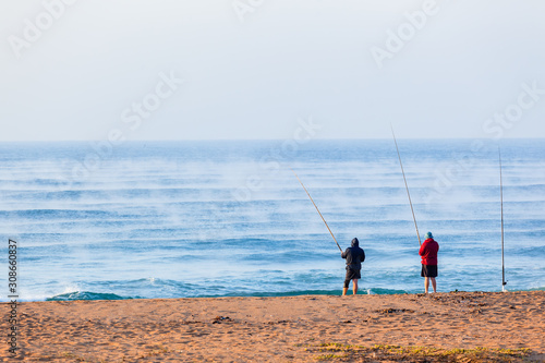 Fishermen Fishing Holiday Beach Winter Ocean Waves Sea Mist Landscape 