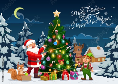 Merry Christmas and Happy New Year, winter holidays vector calligraphy greeting. Santa, elf and reindeer with squirrel decorating Christmas tree with Xmas lights, golden bell, gifts and ball ornaments