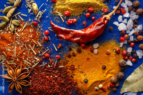 Fototapeta Naklejka Na Ścianę i Meble -  Wooden table of colorful spices. Top view