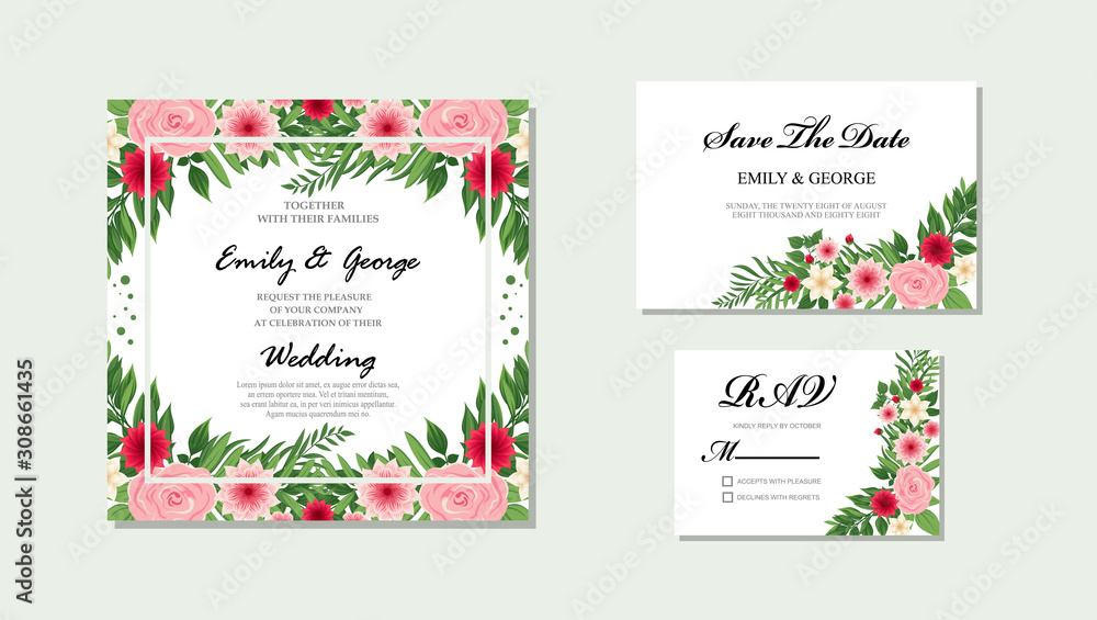 Naklejka premium Elegant Wedding invitation, invite, rsvp, save the date card design with flower, wax flowers eucalyptus branches leaves, frame and template set vector.