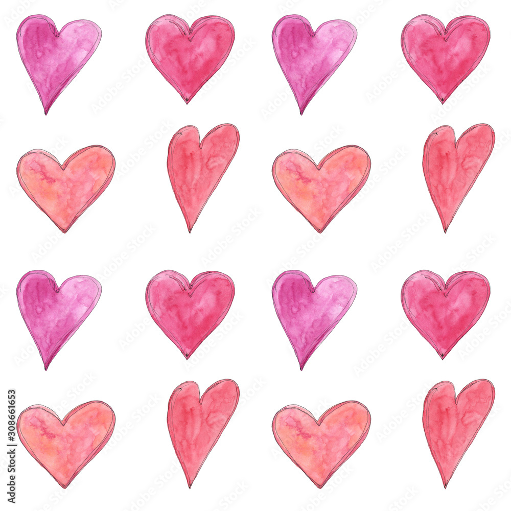 Love seamless pattern with bright watercolor hearts in sketching style. Perfect for St. Valentine's day cards, wrapping paper, background, wallpaper, textile design.