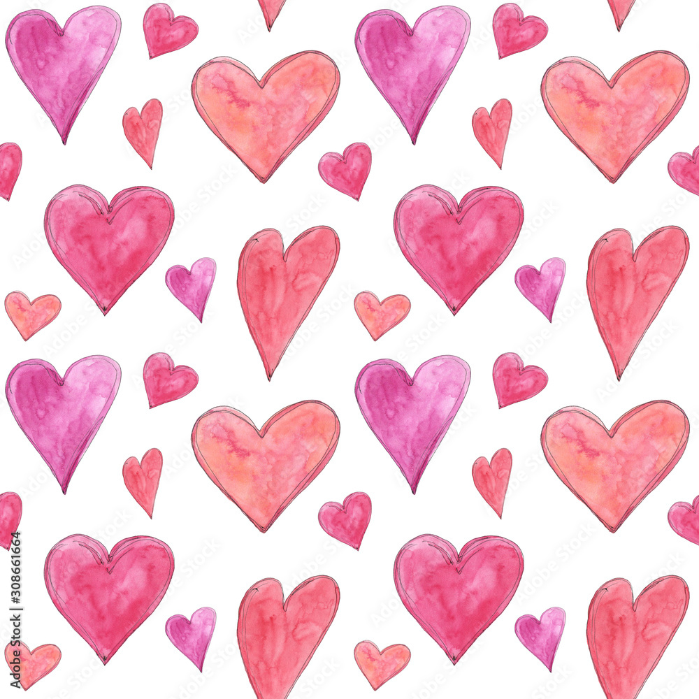 Love seamless pattern with bright watercolor hearts of different size in sketching style. Perfect for St. Valentine's day cards, wrapping paper, background, wallpaper, textile design. Love seamless pattern with bright watercolor hearts of different size in sketching style. Perfect for St. Valentine's day cards, wrapping paper, background, wallpaper, textile design.