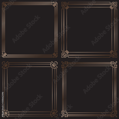 Vector cards set. Art Deco style collection. Dark golden geometric frame on black background. Art Deco logotype. Luxury pattern. Minimal design.