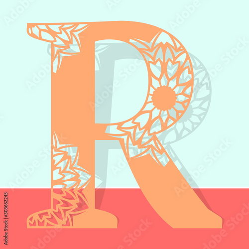 Laser cutting letter R. Woodcut vector design. Plywood lasercut gift. Pattern for printing, engraving, paper cut. Floral mandala design.