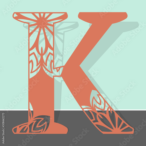 Laser cutting letter K. Woodcut vector design. Plywood lasercut gift. Pattern for printing, engraving, paper cut. Floral mandala design.