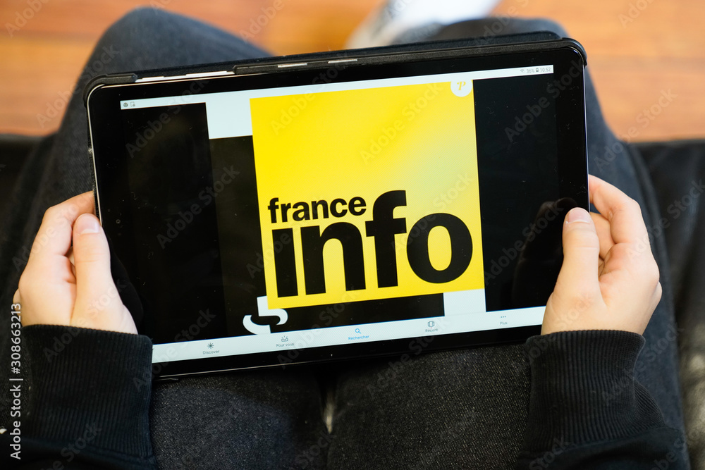 France Info logo screen tablet radio sign network French public service  radio broadcaster provides continuous live news information Photos | Adobe  Stock