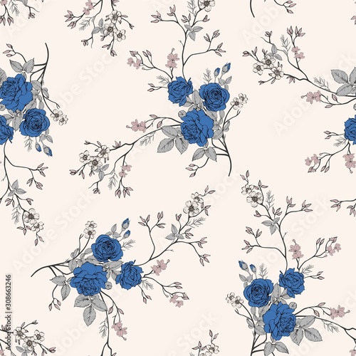 Seamless vector pattern with a bouquet of roses in the rococo style