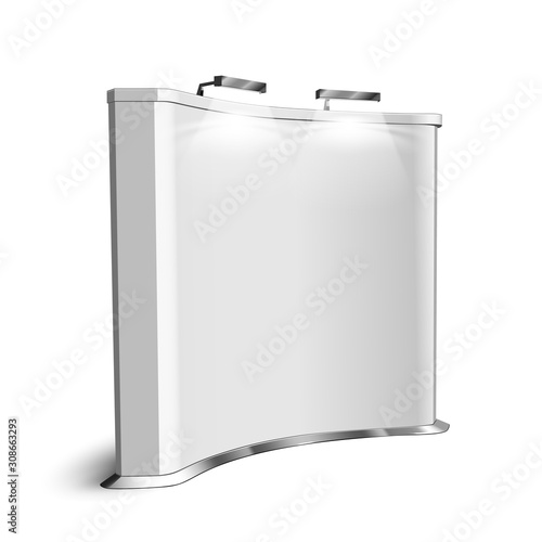 Trade Exhibition Stand With Lighting Lamps Vector. Curved Marketing And Advertising Blank Stand With Backlight, Commercial Construction For Advertisement And Info. Layout Realistic 3d Illustration