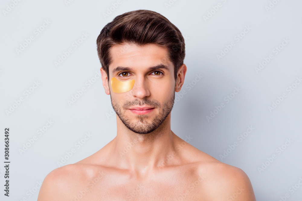 Close-up portrait of his he nice attractive confident groomed bearded brown-haired guy wearing eye patch modern therapy effect isolated on light white grey color pastel background Close-up portrait of his he nice attractive confident groomed bearded brown-haired guy wearing eye patch modern therapy effect isolated on light white grey color pastel background