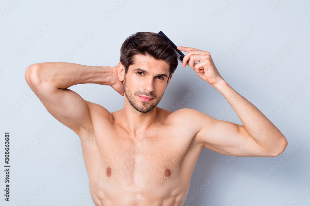 Photo of handsome macho man guy looking mirror using hairbrush styling hairdo topless naked torso metrosexual hot tender body isolated grey background Photo of handsome macho man guy looking mirror using hairbrush styling hairdo topless naked torso metrosexual hot tender body isolated grey background