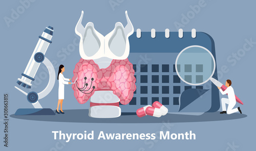 Thyroid Awareness Month is celebrated in January in USA. Hypothyroidism concept vector. Endocrinologists diagnose and treat human thyroid gland.