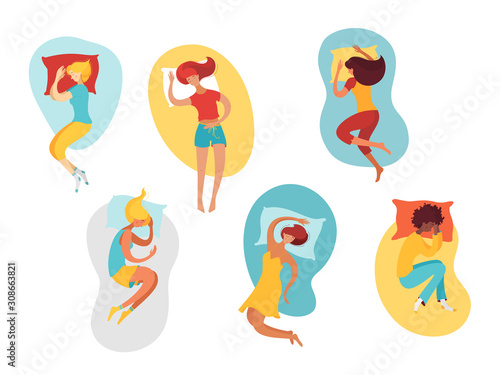 Sleeping women flat illustrations set