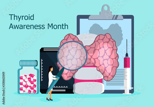 Thyroid Awareness Month is celebrated in January in USA. Hypothyroidism concept vector. Endocrinologists diagnose and treat human thyroid gland.