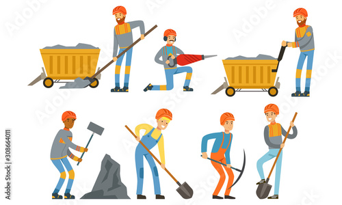 Miner Workers Standing in Different Poses Vector Set