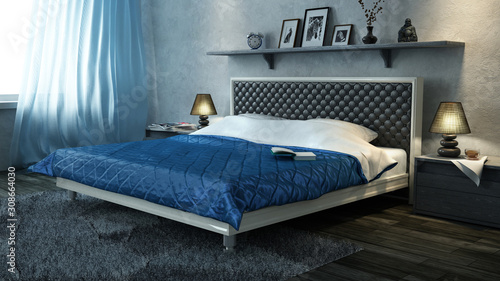 Wallpaper Mural Double bed with blue quilt in the bedroom. 3 D objects. Torontodigital.ca