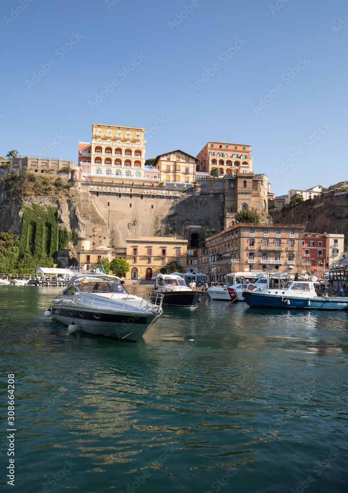  View of Marina and hotels on the cliffs in Sorrento. Gulf of Naples, Campania, Italy