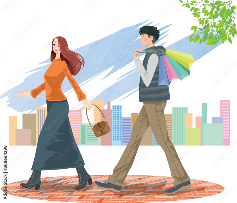 買い物をして歩いているカップルのイメージイラスト Stock Vector Adobe Stock 買い物をして歩いているカップルのイメージイラスト Stock Vector Adobe Stock