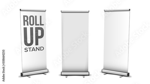 Roll Up Stand Collection In Different View Vector. Blank Vertical Stand, Commercial Advertising Or Promotion Banner, Presentation Empty Board Screen. Template Realistic 3d Illustration