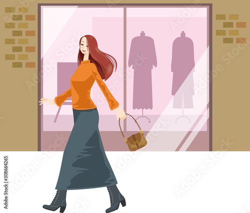 ウィンドウショッピングをしている若い女性のイメージイラスト