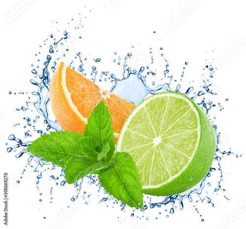 Cutted orange and lime with mint in water splashes isolated on white background.