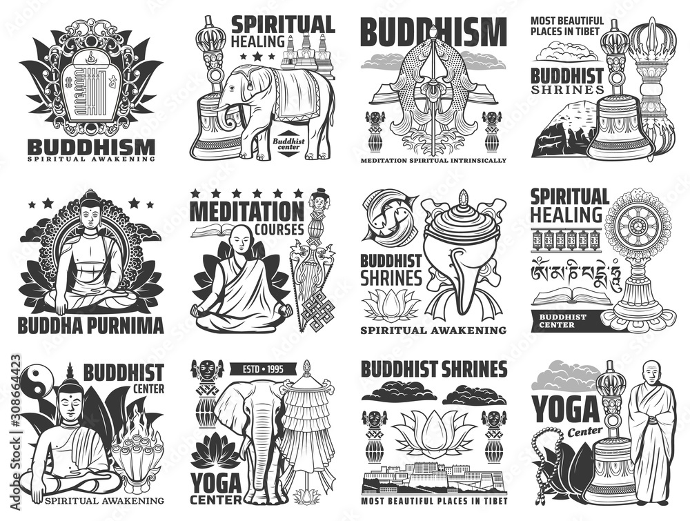 Buddhism vector icons, yoga center and meditation courses signs. Buddha stupa shrines, religious symbols of mudra hand, lotus and monk beads, Tibet Buddhism temples ans spiritual healing