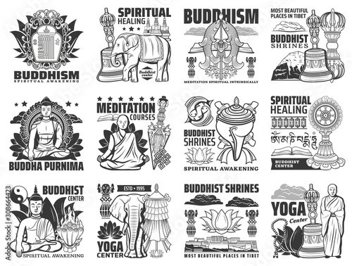 Buddhism vector icons, yoga center and meditation courses signs. Buddha stupa shrines, religious symbols of mudra hand, lotus and monk beads, Tibet Buddhism temples ans spiritual healing