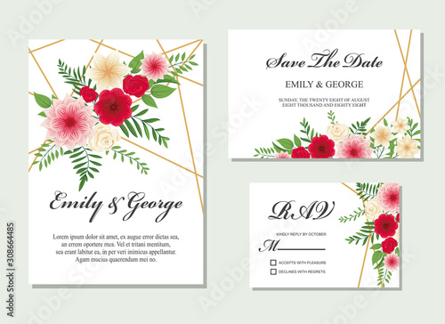 Elegant Wedding invitation, invite, rsvp, save the date card design with flower, wax flowers eucalyptus branches leaves, frame and template set vector.