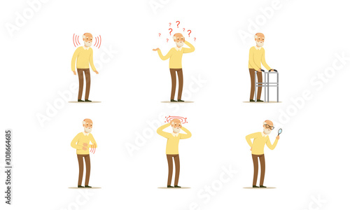 Senior Man Health Problems and Diseases Vector Illustrations Set